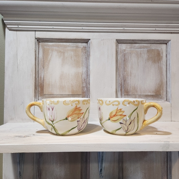 Crate&Barrel Mugs Flora Wide Mouthed Set Of 2 16 Oz Vintage - Picture 3 of 7